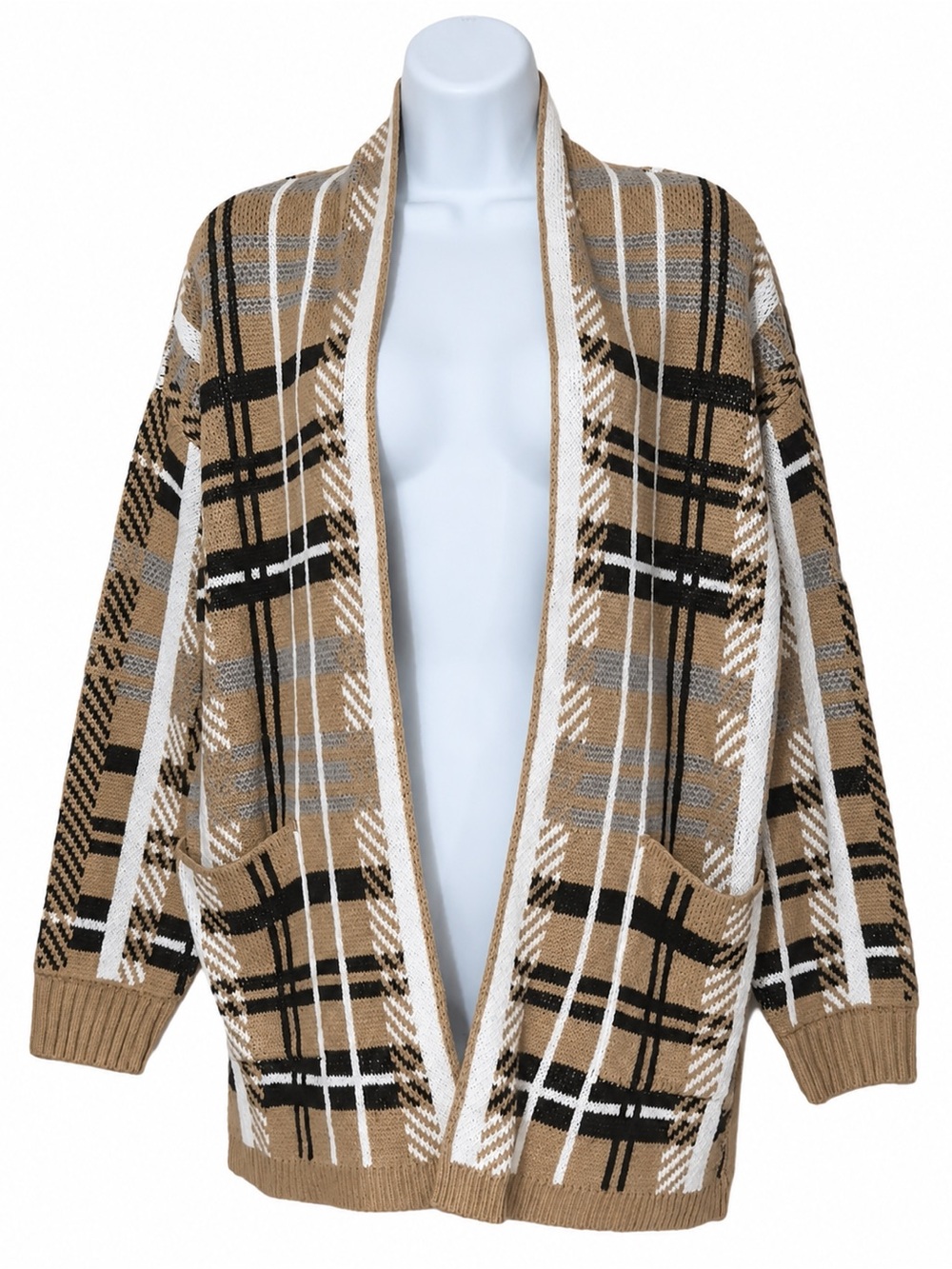 Kempson Women’s Open-Front Camel Plaid Cardigan Sweater Size M
